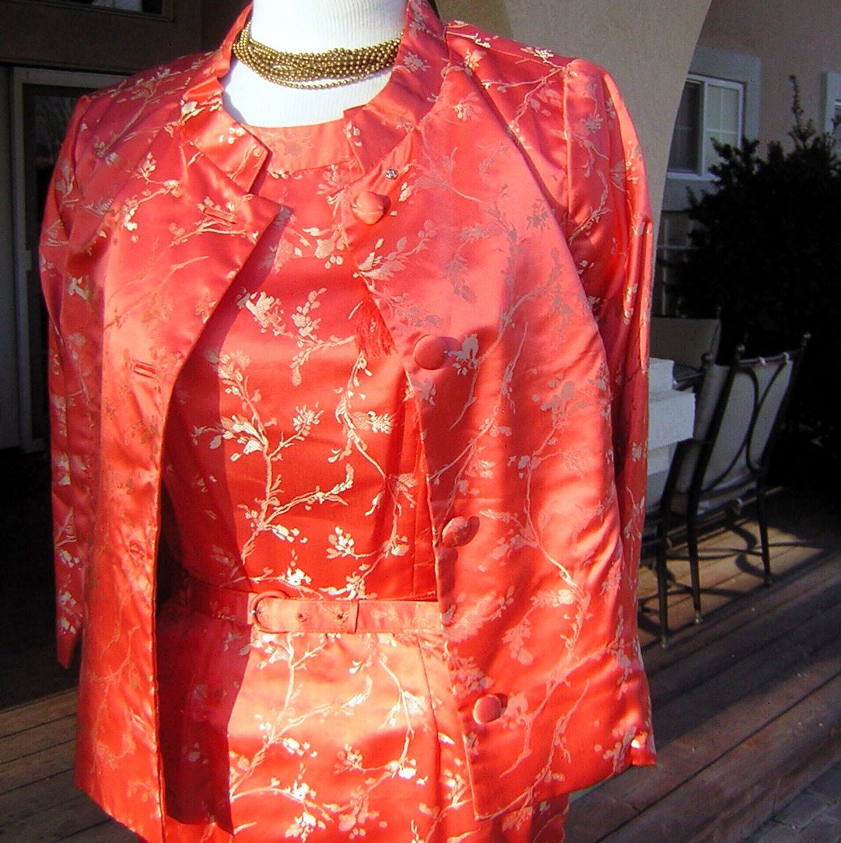 Vintage Orange Silk Brocade Dress Jacket - 2pc Suit Set - Cherry Blossoms - Betty Yokosuka Japan