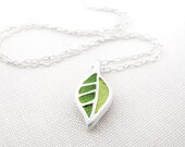 Tiny green leaf necklace - concrete and sterling silver