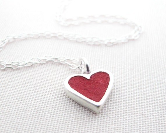 Heart necklace - red concrete and silver - tiny