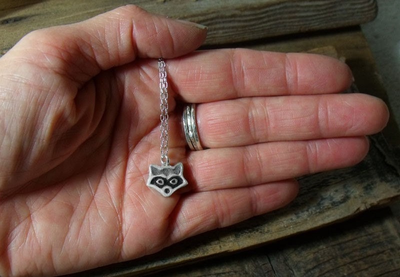 Raccoon necklace - silver and concrete raccoon pendant - animal jewelry
