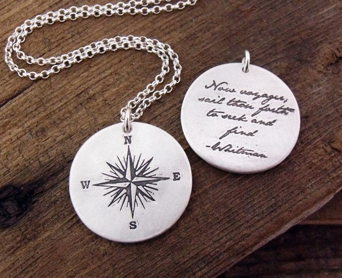 Voyager necklace - compass rose and Whitman quote - Inspirational jewelry - Graduation pendant