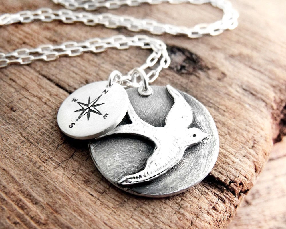 Traveler Necklace - swallow and compass necklace - silver