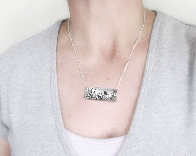Bird necklace - Little bird in the tall grass -  silver