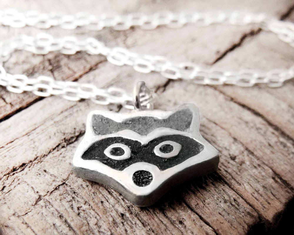 Raccoon necklace - silver and concrete raccoon pendant - animal jewelry