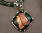 Green and Peach Wire Wrapped Dichroic Glass Pendant
