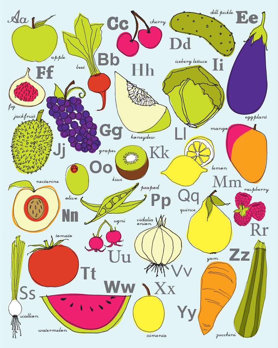 Nursery Art Print Alphabet Poster-Fruits and Veggies