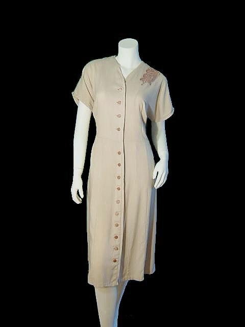 ROSE Applique Vintage 50's Rayon Shirt Dress NOS L/XL
