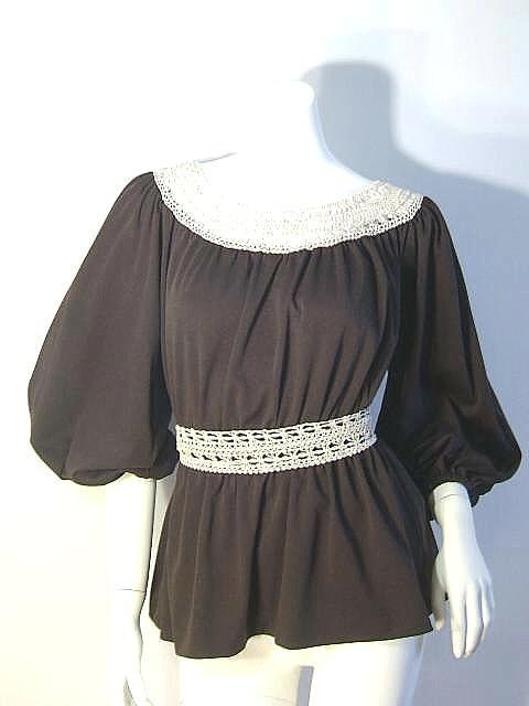 Bohemian POET SLEEVE Vintage 70's CROCHET Peasant Blouse M