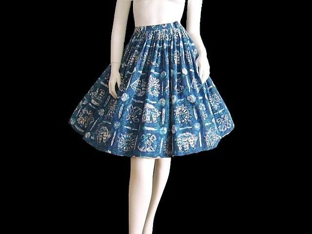 PIRATE SHIP Nautical Novelty Print Vintage 50's Skirt XS 24