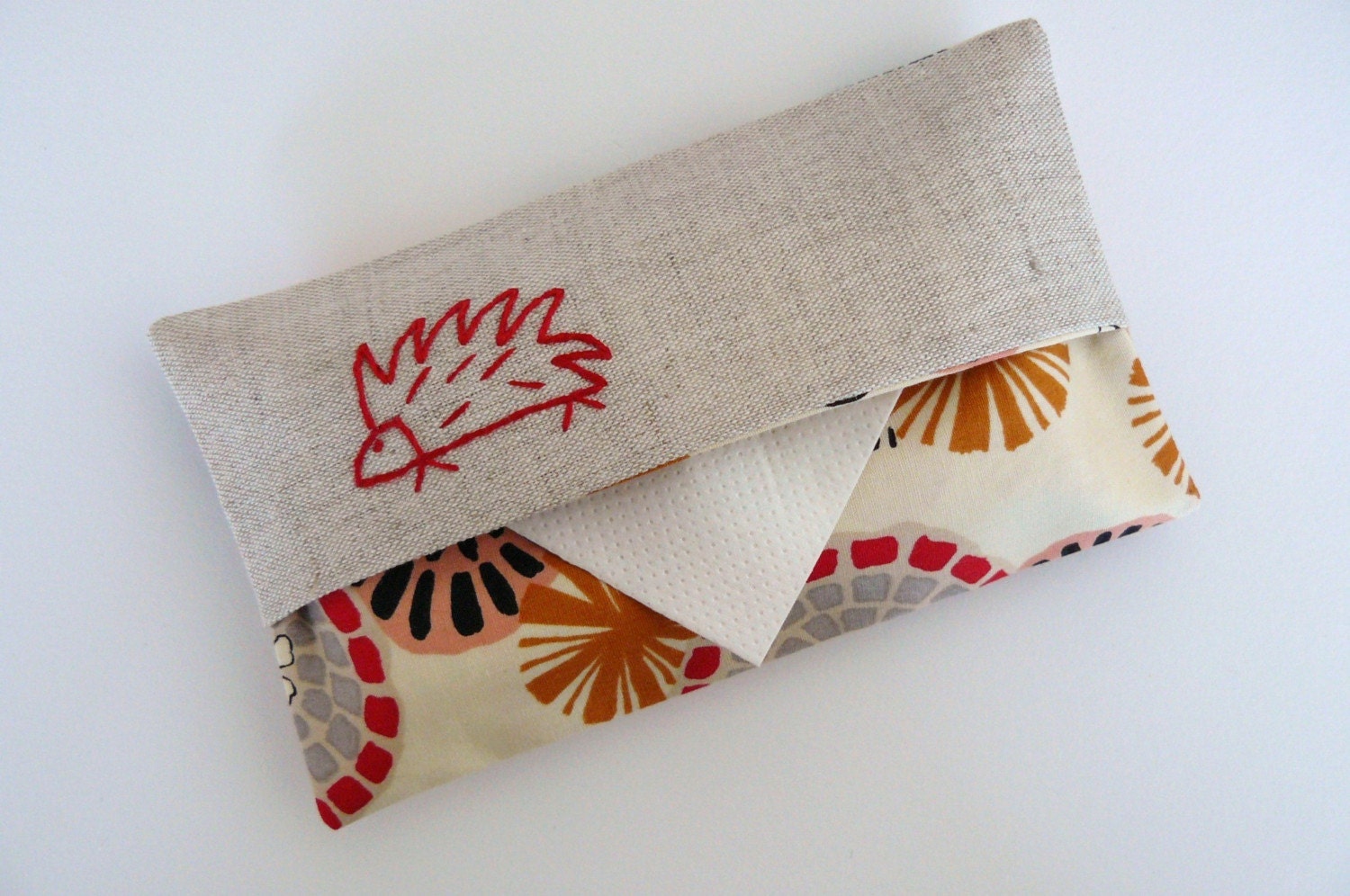 Tissue Holder. Porcupine echidna hand stitched in burnt red. Linen with earthy red orange fabric. Hand embroidery.