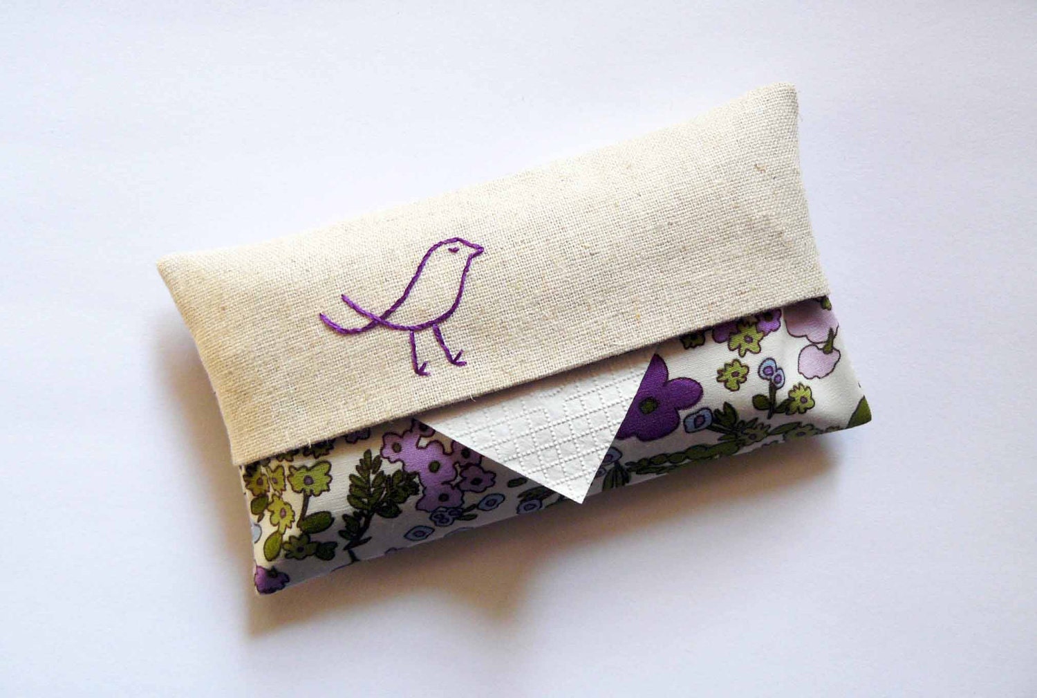 Tissue Cover. Bird embroidery. Linen with retro purple floral fabric. Hand embroidered.