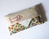 Linen with vintage floral fabric. tissue holder. Hand embroidered. sausage dog dashchund puppy.