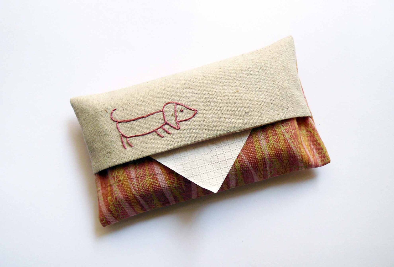Tissue Holder. Daschund sausage dog. Linen with peach and pink stripes and flowers fabric. Hand embroidered. - edwardandlilly