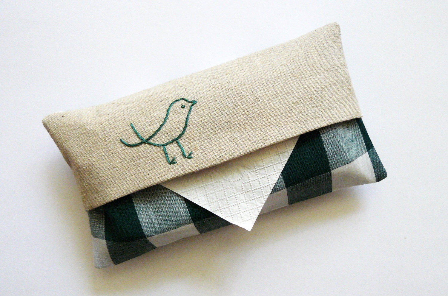 Tissue Holder. Bird. Linen with bottle green gingham fabric. Hand embroidered.