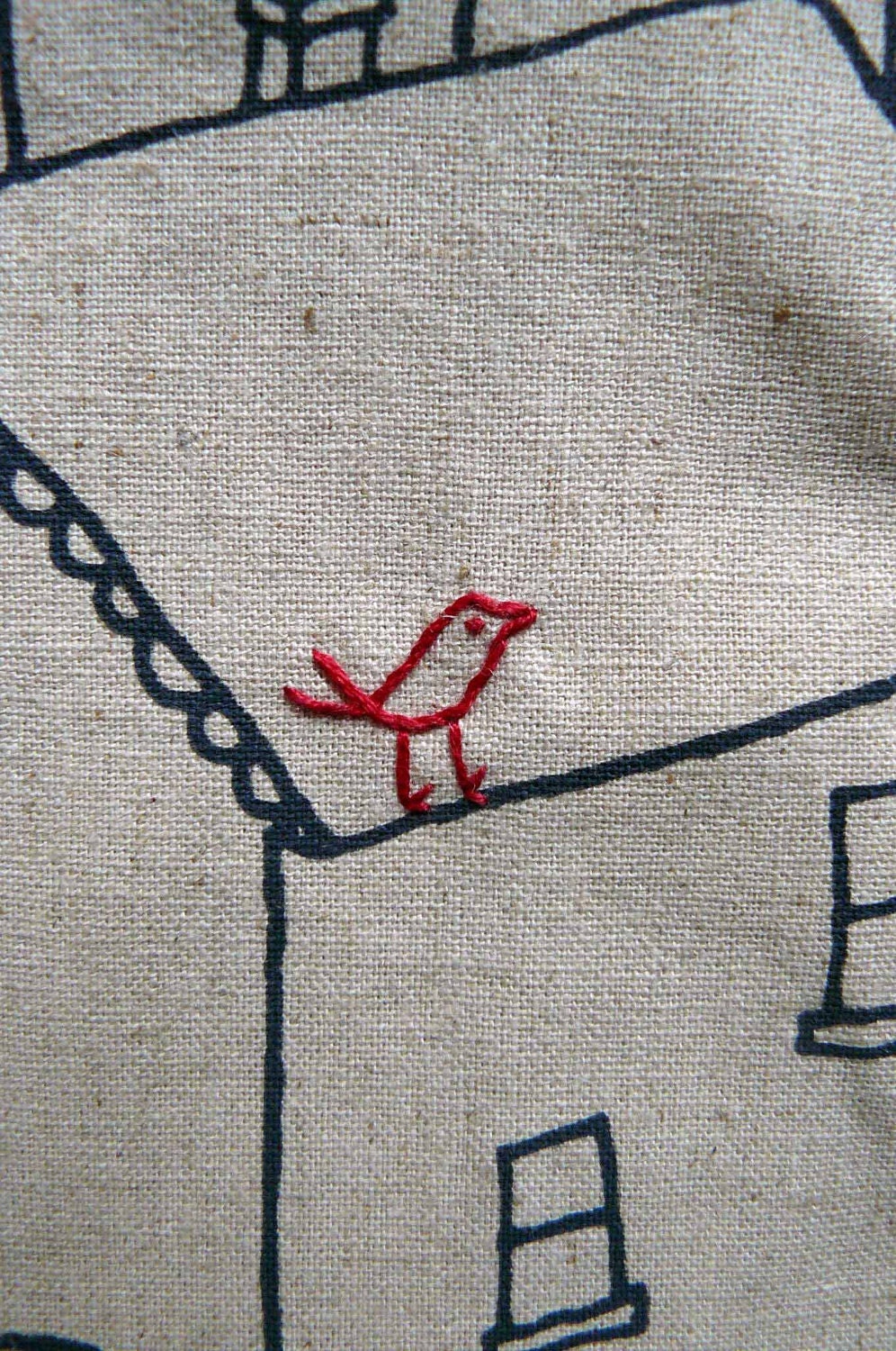 zipper pouch, purse. red fox squirrel and bird embroidery. navy blue houses on taupe sustainable linen cotton blend designed fabric.