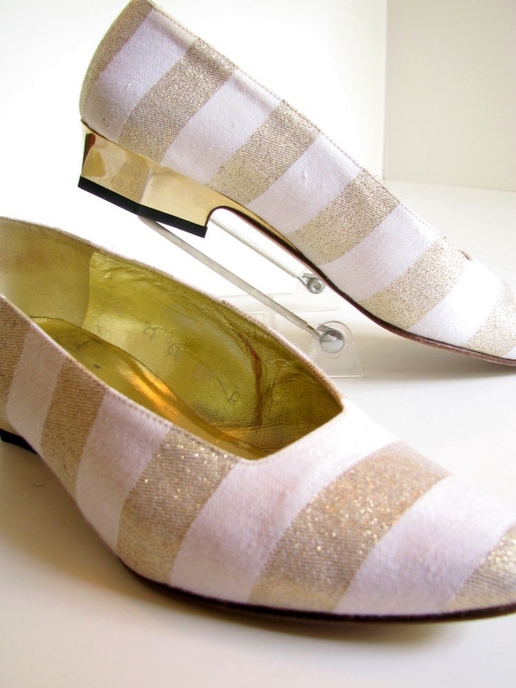 1980s Escada Shoes Gold and White Striped Vintage Flats Size 6.5 B
