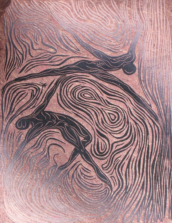 Floating World II Figures Dancing Flying Woodcut on Hickory Handmade Paper