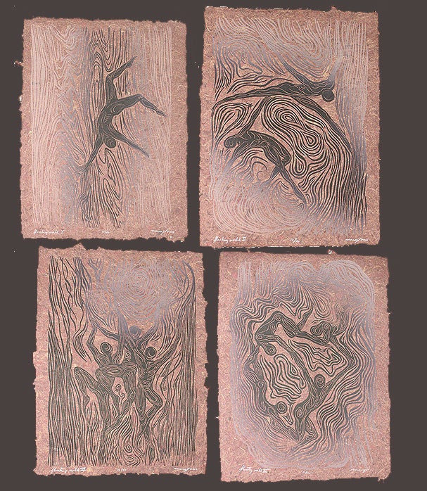 Original Art Floating World Value Collector's SET of 4 Woodcut Prints on Handmade Hickory Paper