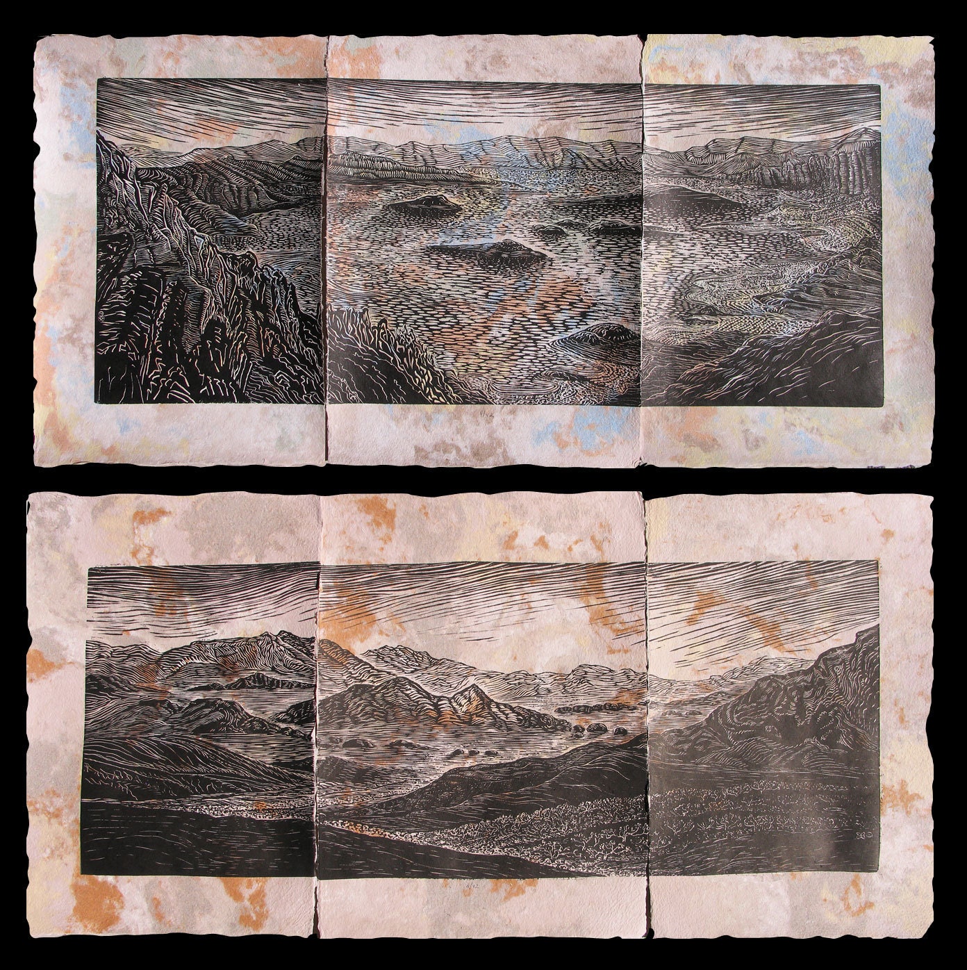 Collector Set 2 Woodcuts on Unique Handmade Paper Desert Lake Nature Landscapes