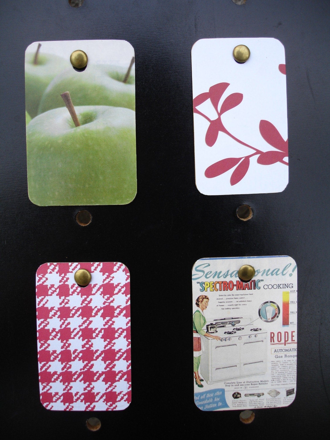 Mini Wall Art - Set of 4 - Red White Gingham Floral Retro Ad Green Apple