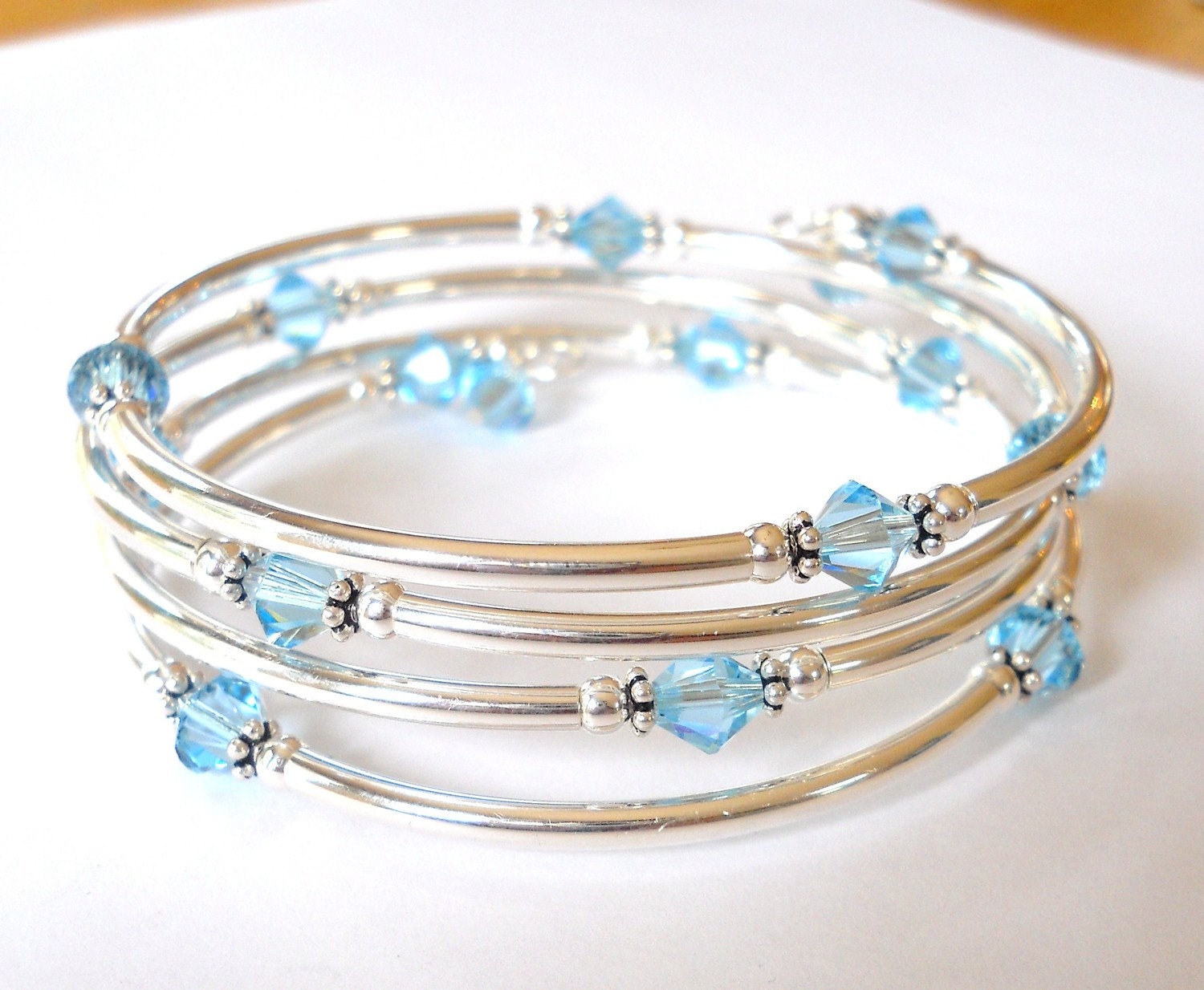 Sterling Silver and Swarovski Crystal Memory Wire Bracelet - One Size Fits All
