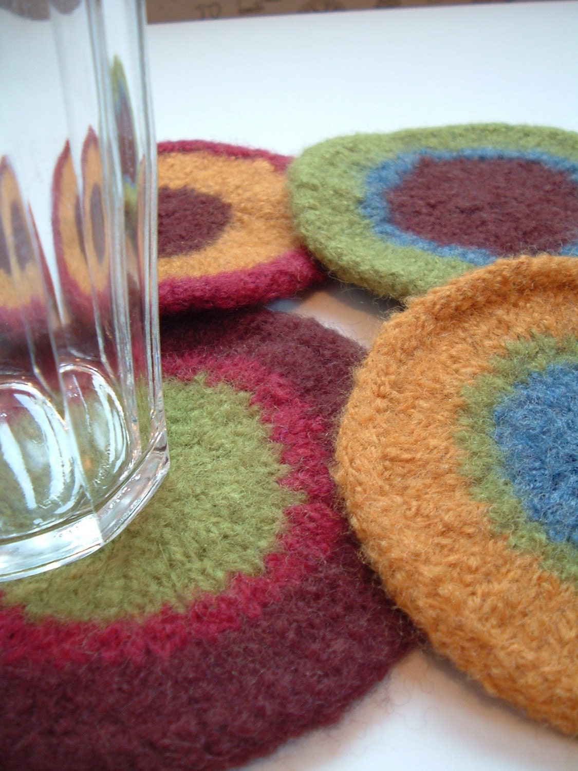 Felted Wool Coasters - Cranberry, Green, Brown, Gold, Blue - 2