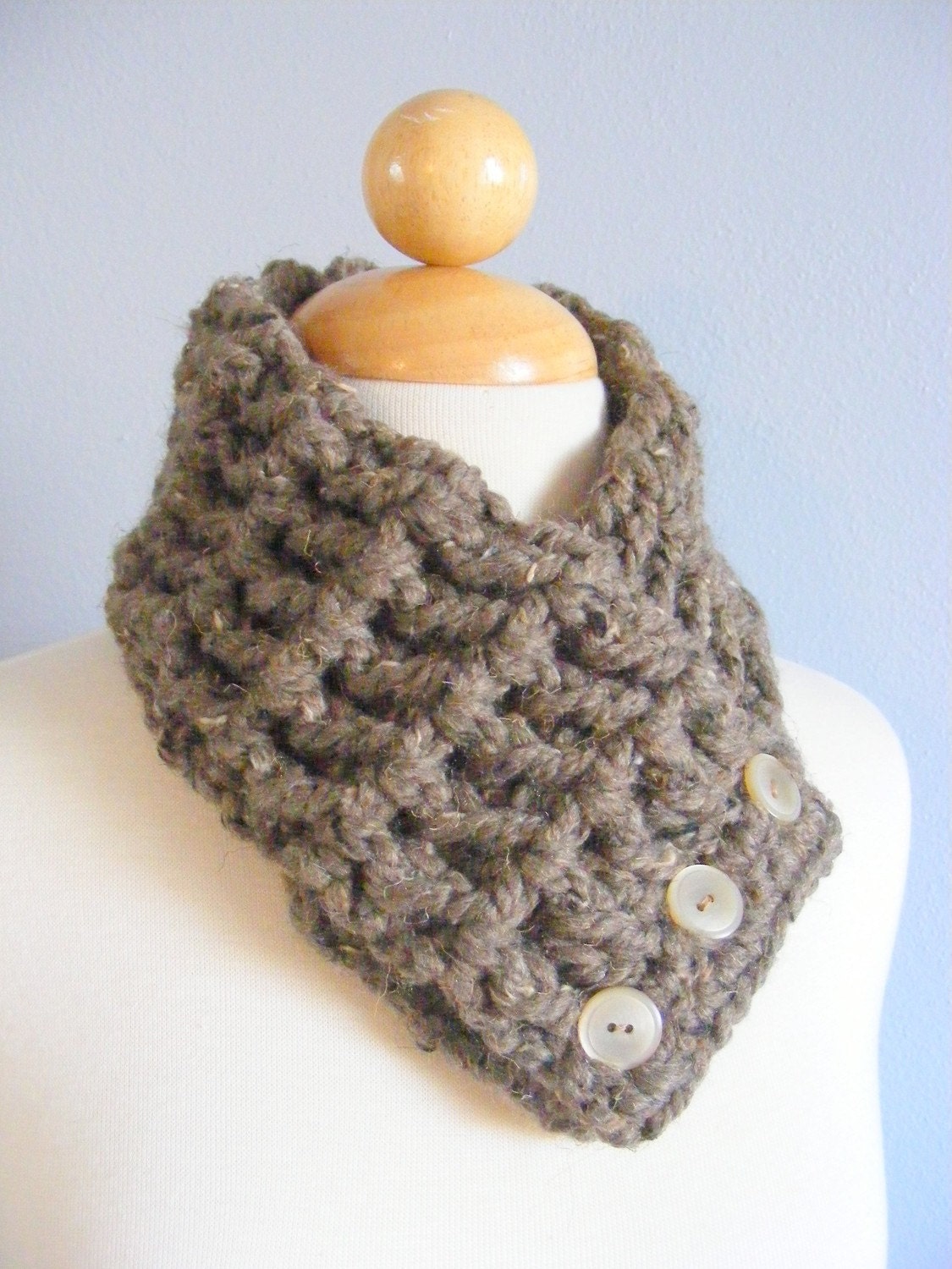 Child Scarf, Kids Scarf, 4T to Preteen Textured Scarf, Scarflette, Cowl, Neckwarmer - Barnwood Brown, Light Brown Buttons Crochet Scarf