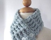Womens Scarf, Teen Scarf, Womens Textured Scarf, Scarflette, Cowl, Neckwarmer - Sky Blue, Light Blue Buttons Warm Trendy Crochet Scarf