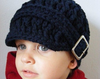 Toddler Hat, Boys Hat, 1T to 2T Toddler Boy Crochet Cotton Visor Hat Square Buckle Beanie - Navy Blue Visor Beanie for Toddler Boys