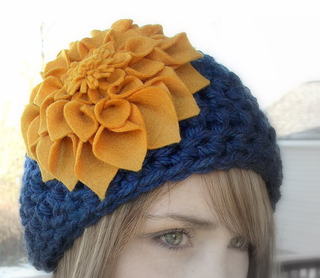 Cobalt Blue and Mustard Yellow Crochet Flower Hat - LoveDesignsBoutique