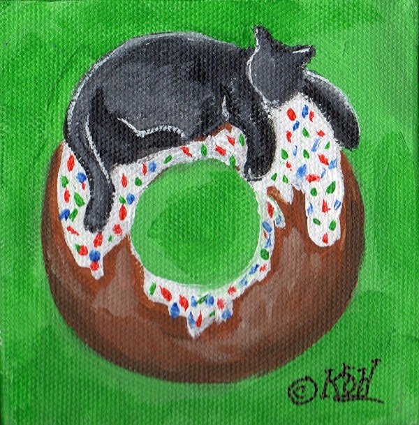 Cat Donut Sprinkles Miniature  Folk Art Original Acrylic painting4x4  framed - RisingStarArt