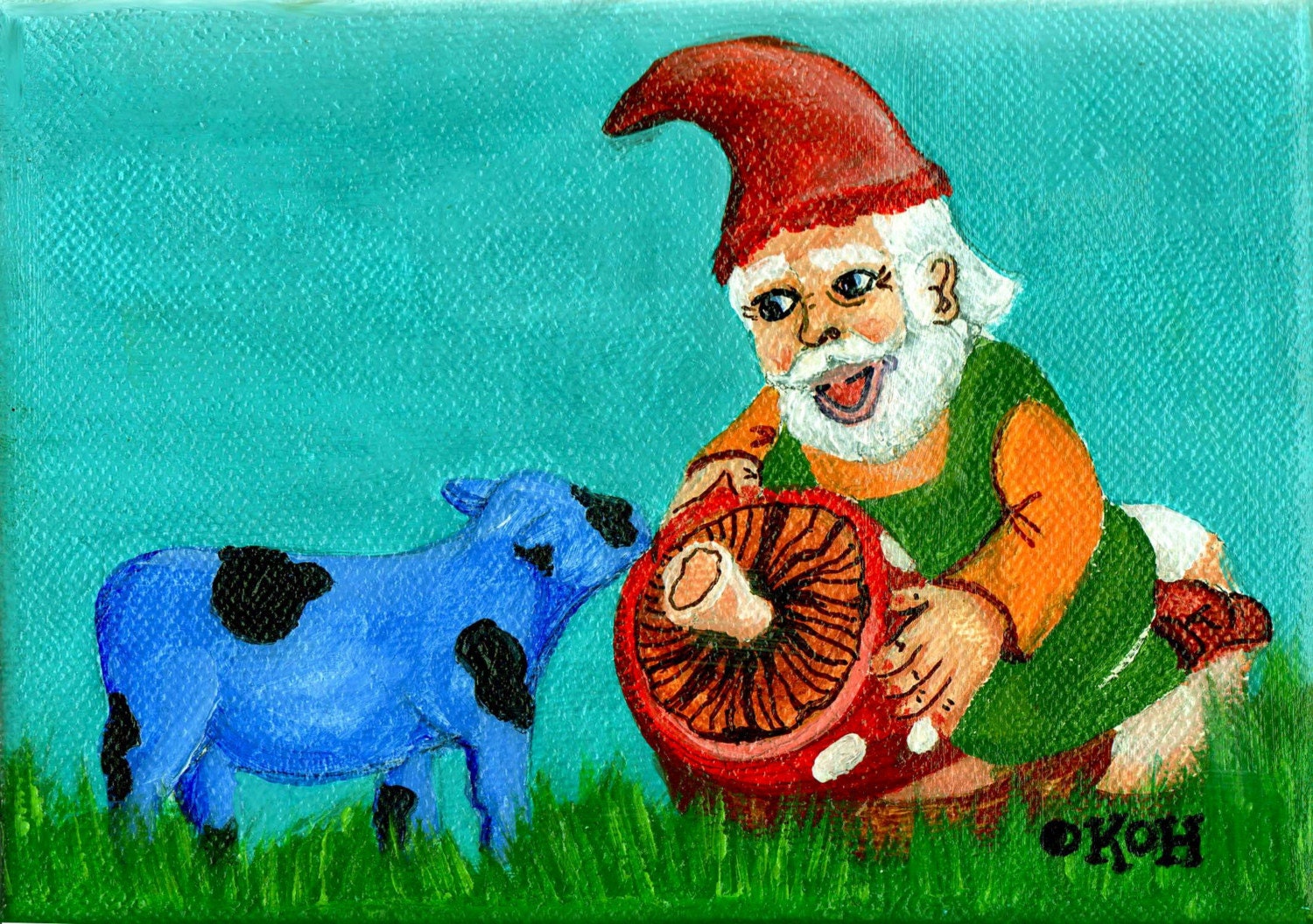 Cow Art Blue Gnome Mushroom Miniature Original acrylic painting folk art framed Gnome - RisingStarArt