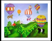 Cow Art Hot Air Balloons Farm Friends Folk Art Childrens Art Nursery  Print Matted 11x14 - RisingStarArt