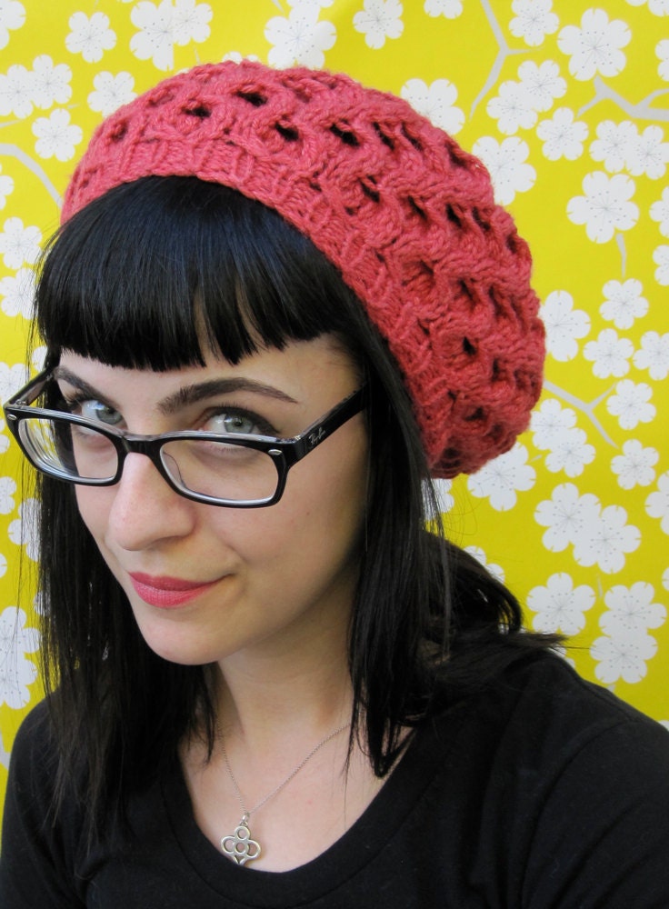 Hive Minded Slouchy Cabled Beret in Coral Fang