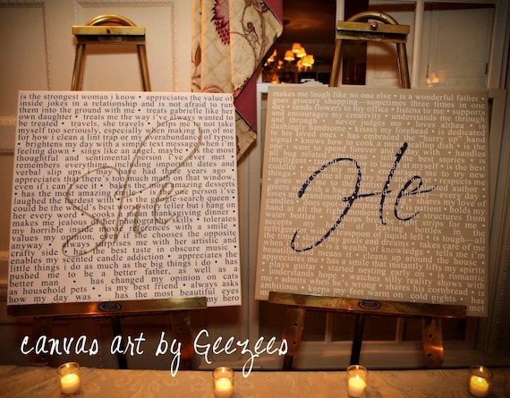 Wedding Sign Reception art She said He Said describing your loved one Word Art Custom Canvas -THIS listing is for TWO - 24x24 inches