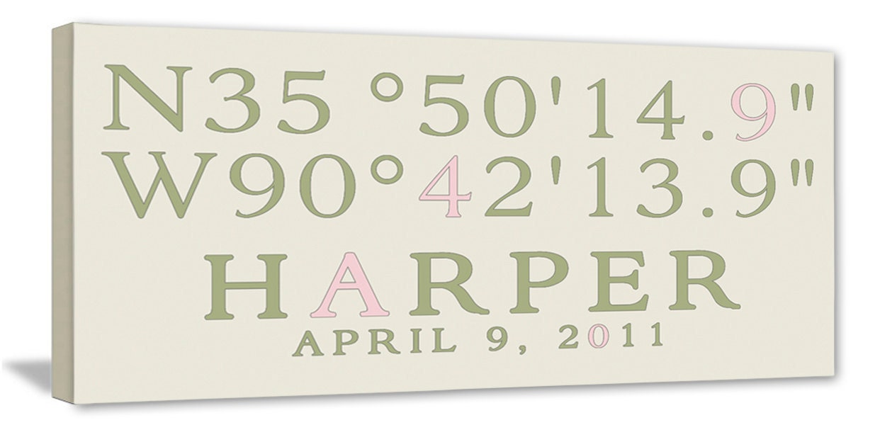 New Baby Art Coordinates Location Birth Gift Custom canvas 10x20