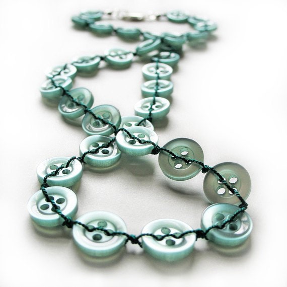 SALE monochromatic green stitched modern button necklace with sterling silver