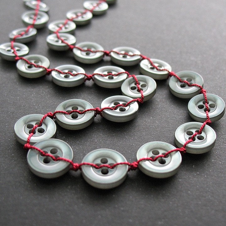 stitched red and green button necklace with sterling silver