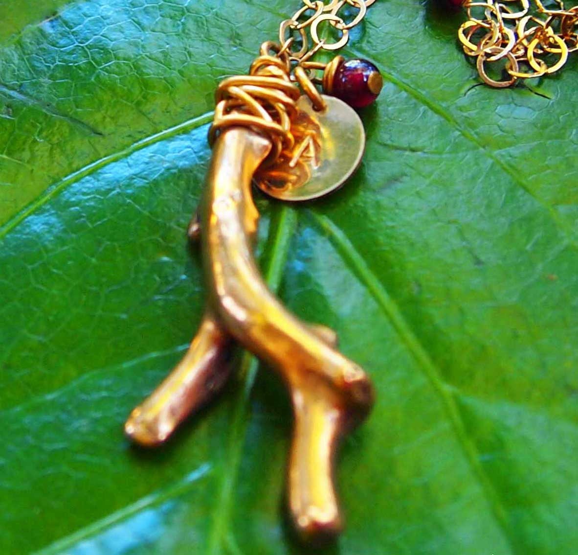 Bronze Bodhi Tree Branch and Custom Initial Charm with Gold,Garnet and Jade