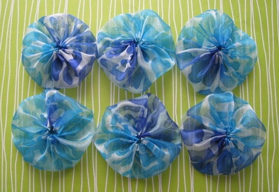 6 Organza Handmade Yo Yo 2 inches Turquaz - Blue - White Leopard Pattern Sewing, Scrapbooking, Cards, Applique, Embellishment, Garland, RME, fam team, dollhouse, quilt top, patch, yart sale
