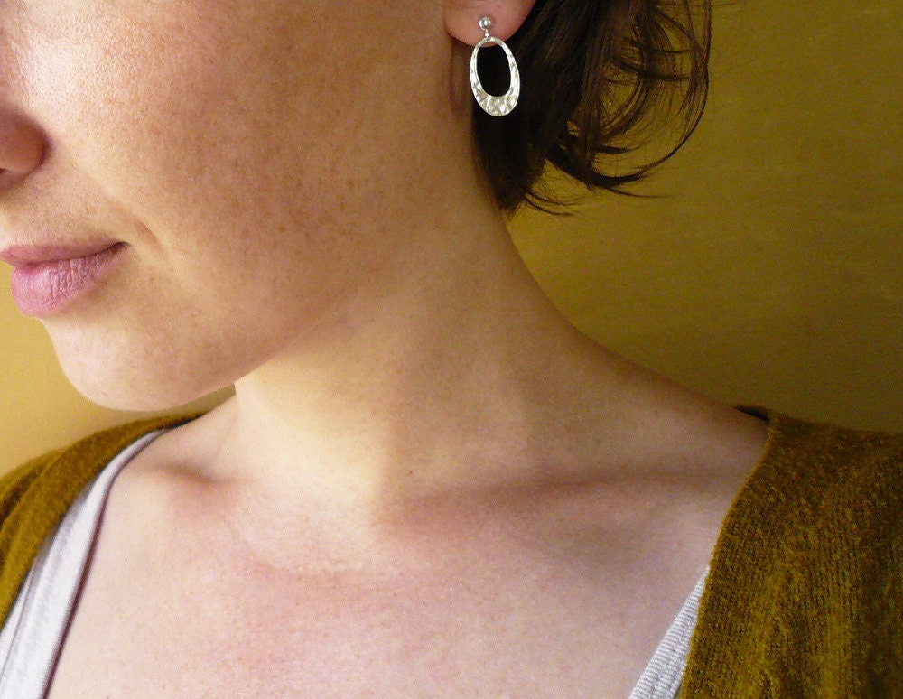 Silver Oval Post Earrings - Hammered Sterling Silver Post Earrings