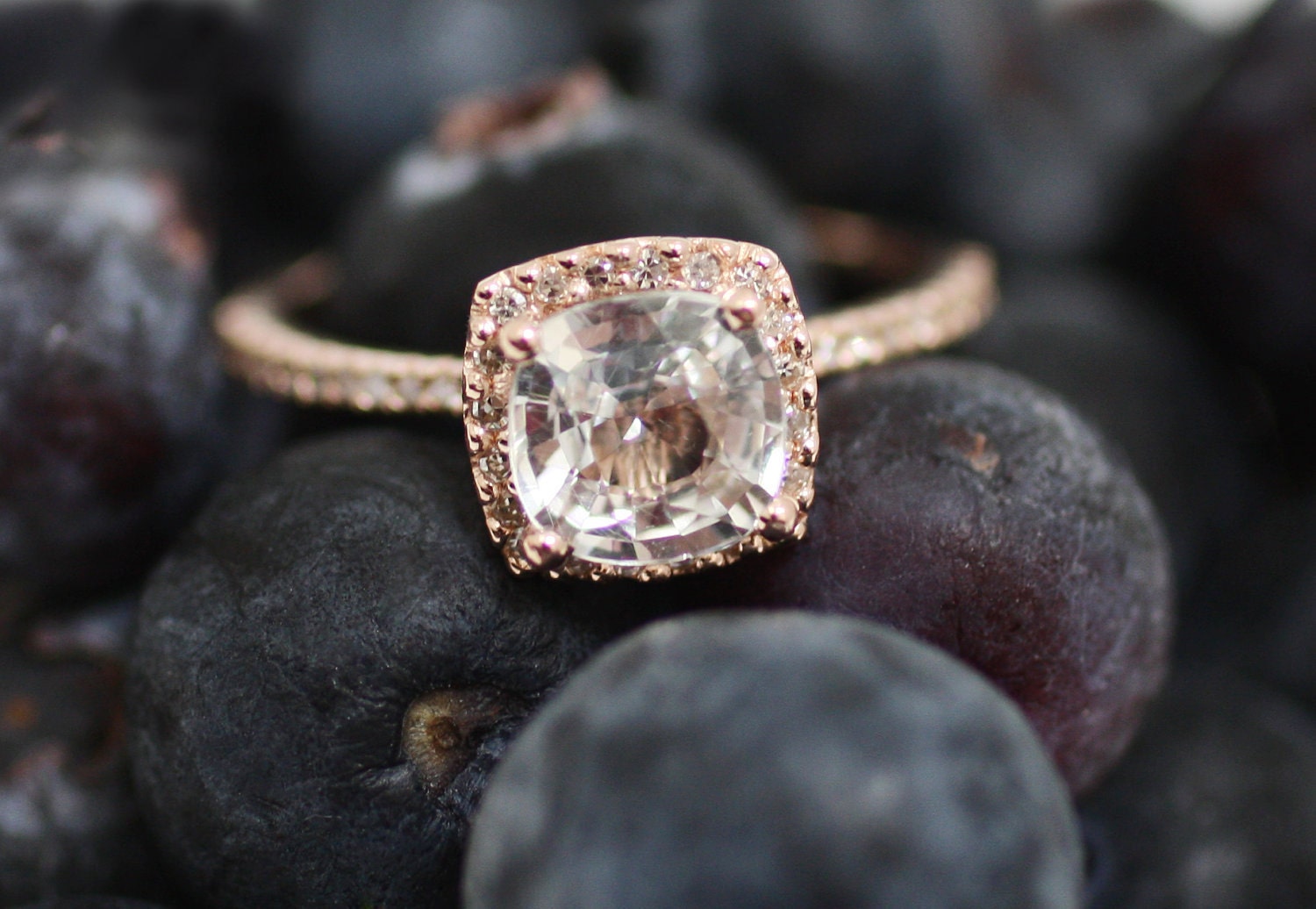 1.17ct Cushion white sapphire in 14k rose gold diamond ring