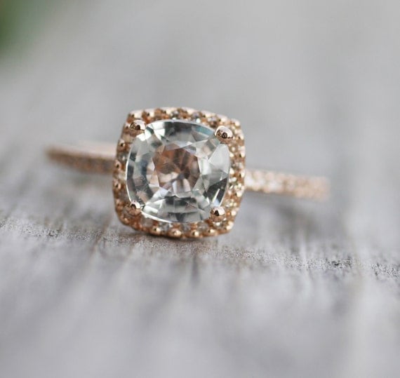 Cushion white sapphire in 14k rose gold diamond ring-