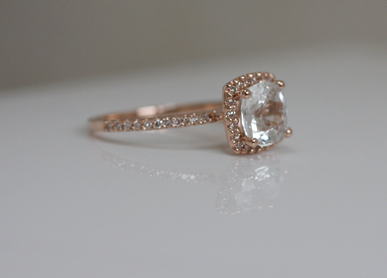 Cushion white sapphire in 14k rose gold diamond ring-