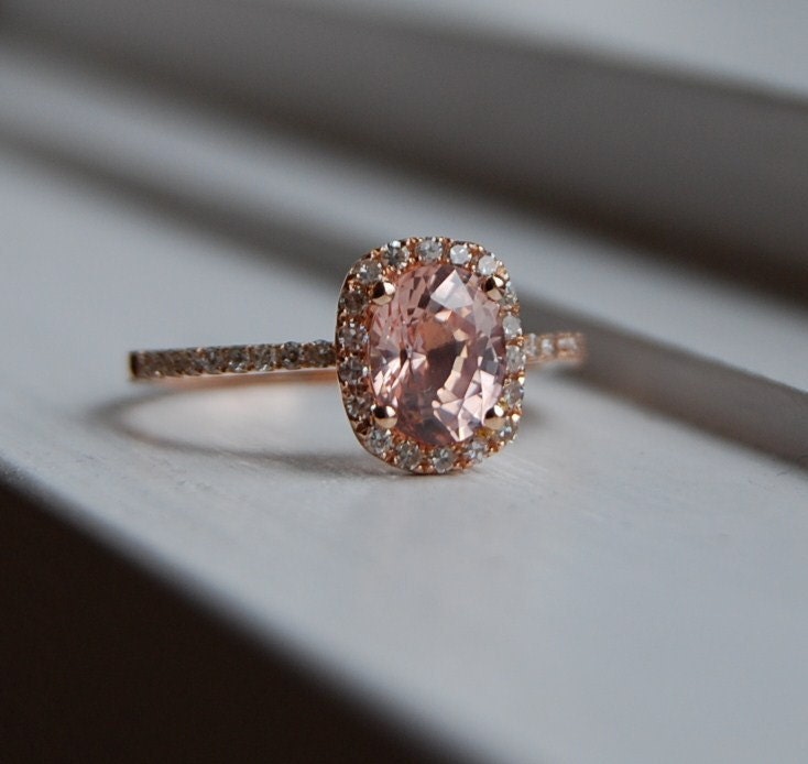 1.1ct Cushion peach champagne sapphire in 14k rose gold diamond ring