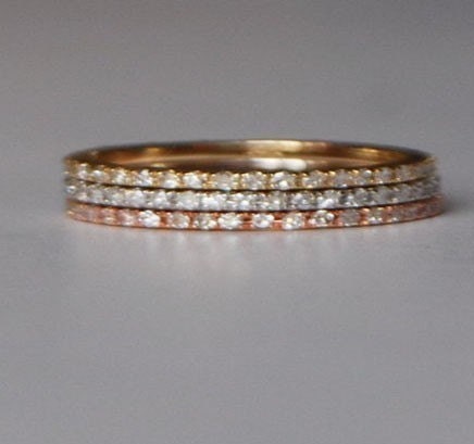 Skinny and stackable eternity diamond wedding band 14k WHITE or ROSE or YELLOW gold