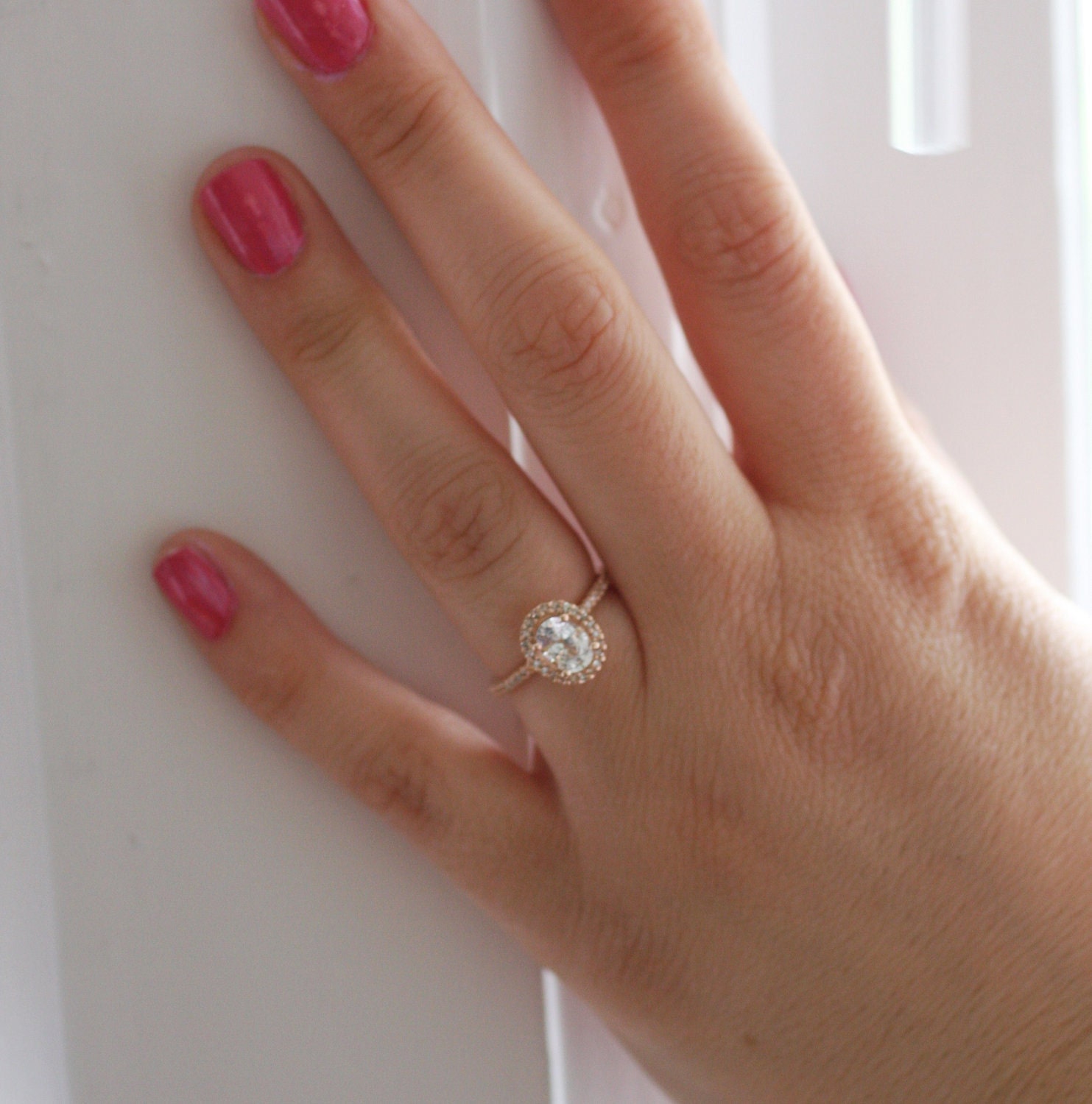 Oval white sapphire diamond ring 14k rose gold
