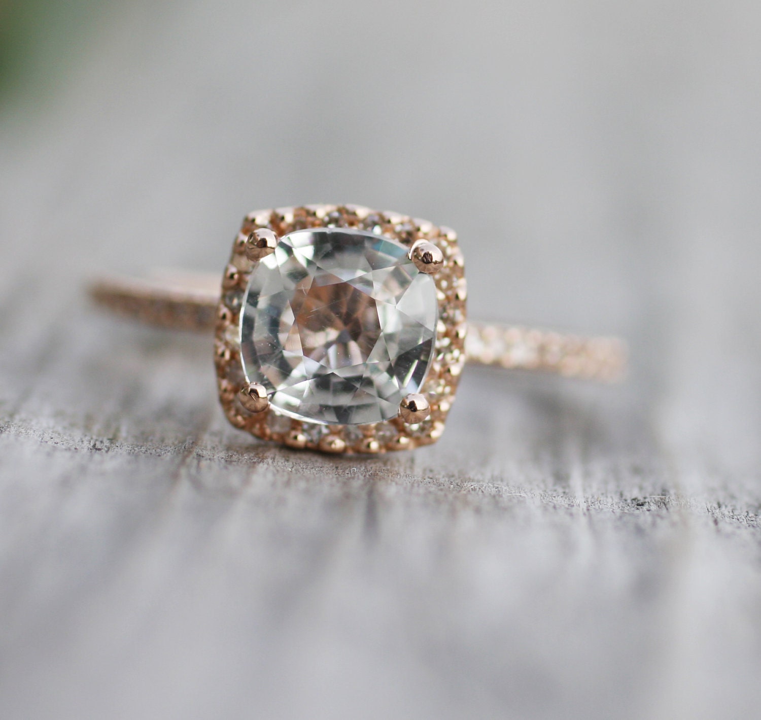 Cushion white sapphire in 14k rose gold diamond ring-