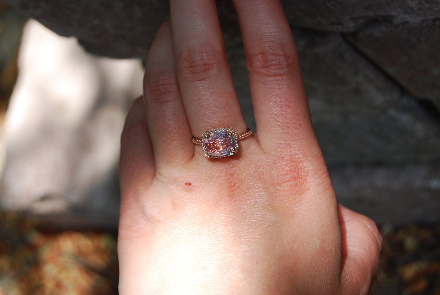 ON HOLD 3.48ct Peach lavender champagne in cushion rose gold diamond ring-1st payment