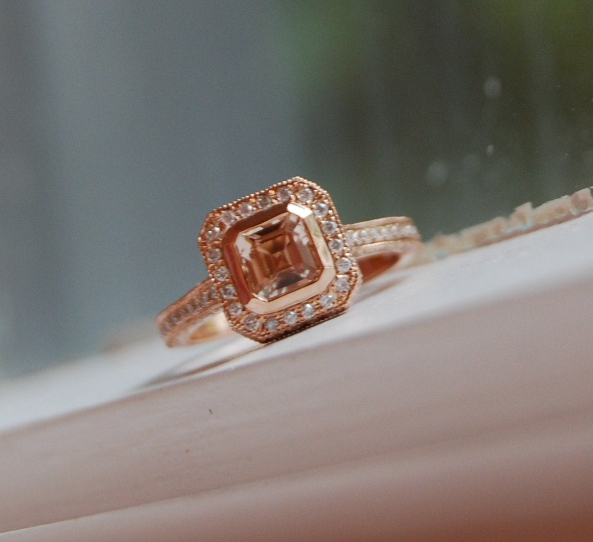 Asscher cut Champagne peach sapphire diamond ring 14k rose gold - payment 2